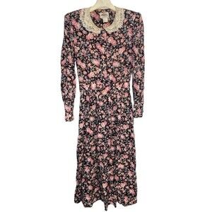 Vintage LANZ DRESS Women's 4  Peasant Cottagecore Prairie LACE COLLAR Floral